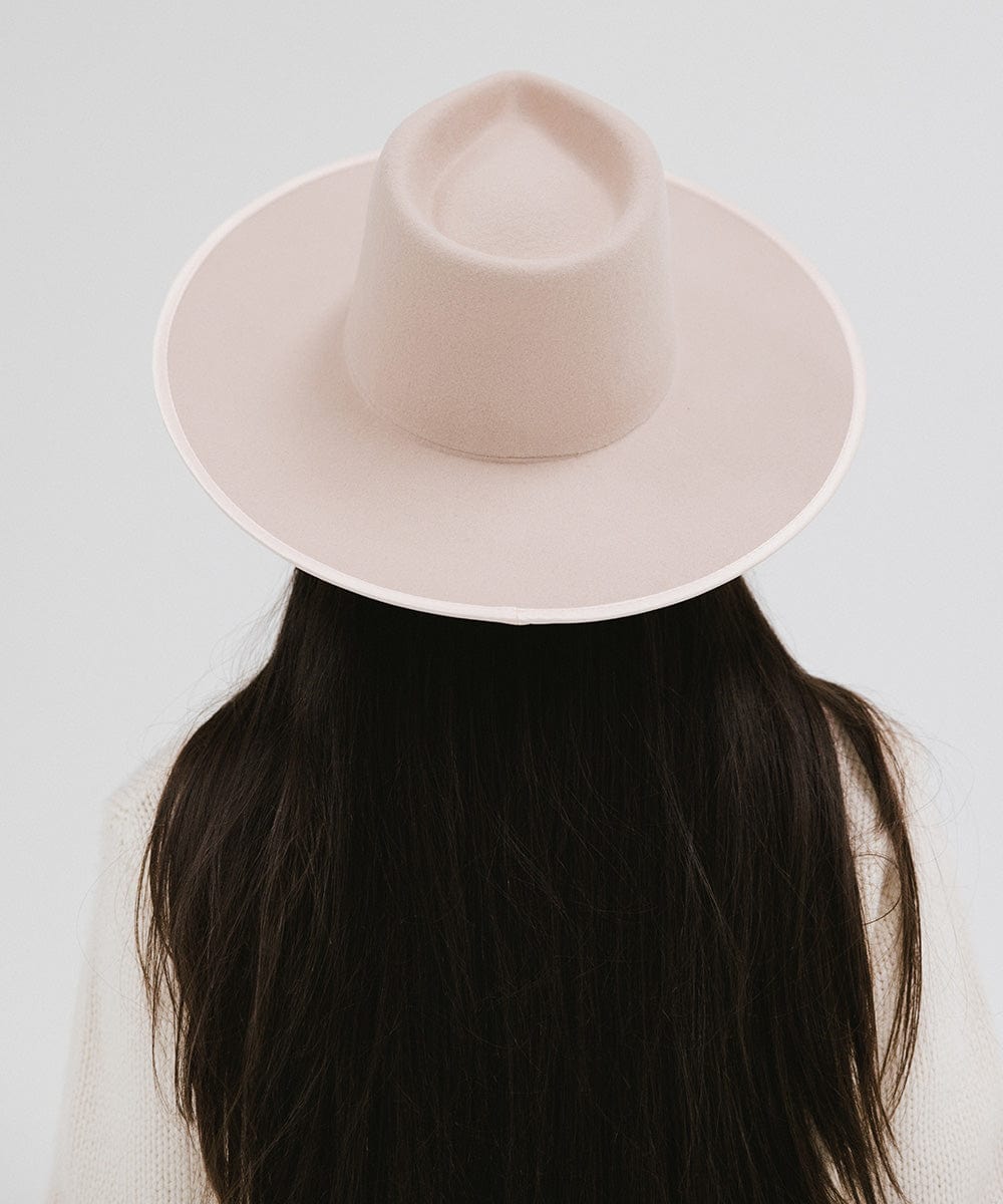 Gigi Pip felt hats for women - Ivy Wide Brim Fedora - 100% australian wool wide brim fedora with a tall crown featuring a customized sweatband + exclusive printed lining with a satin finish in collaboration with Ivy City Co, and a tonal satin brim [pale nude]