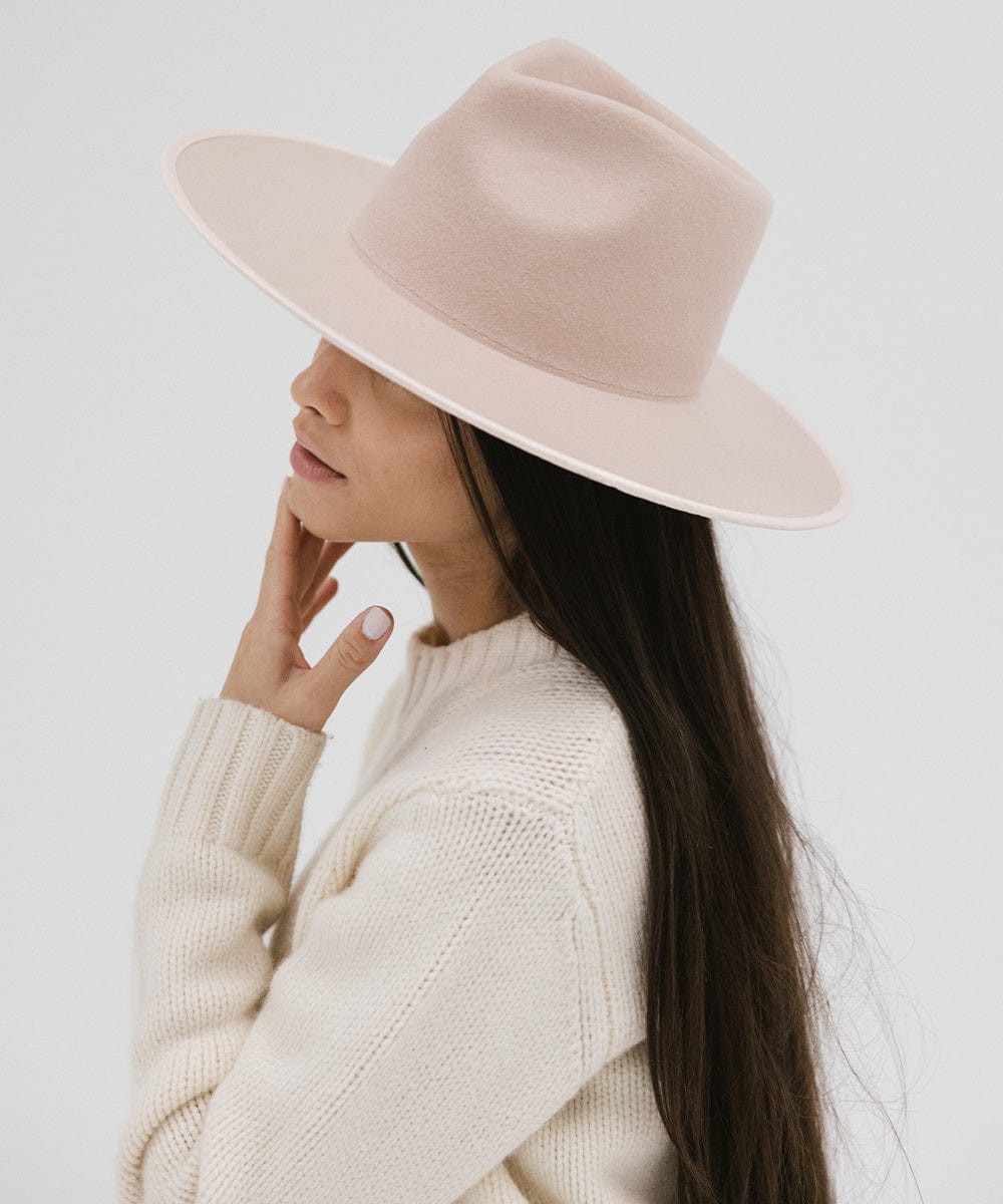 Gigi Pip felt hats for women - Ivy Wide Brim Fedora - 100% australian wool wide brim fedora with a tall crown featuring a customized sweatband + exclusive printed lining with a satin finish in collaboration with Ivy City Co, and a tonal satin brim [pale nude]