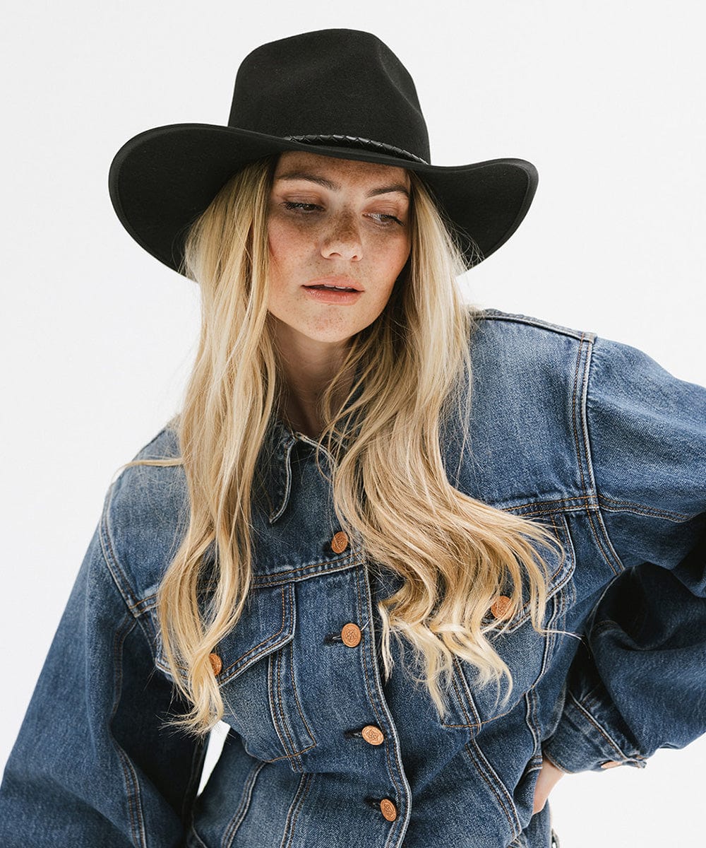 Gigi Pip felt hats for women - June Teardrop Rancher - 100% australian wool teardrop rancher with an angled western brim hat featuring a gold plated Gigi Pip branded pin on the back of the crown [black]