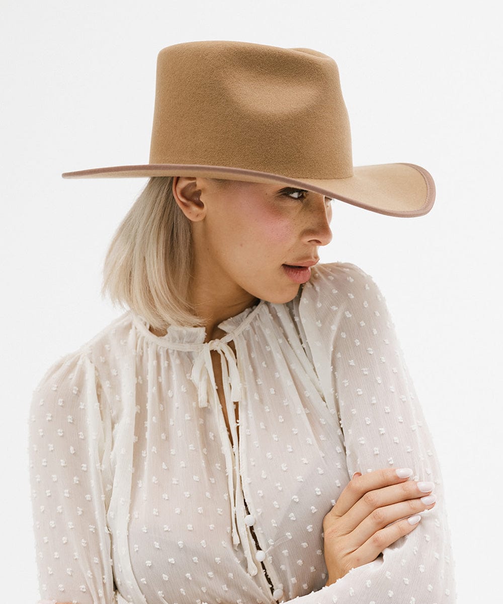 Gigi Pip felt hats for women - June Teardrop Rancher - 100% australian wool teardrop rancher with an angled western brim hat featuring a gold plated Gigi Pip branded pin on the back of the crown [brown]