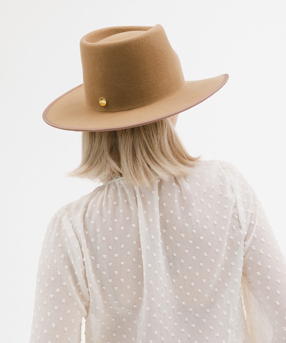 Gigi Pip felt hats for women - June Teardrop Rancher - 100% australian wool teardrop rancher with an angled western brim hat featuring a gold plated Gigi Pip branded pin on the back of the crown [brown]