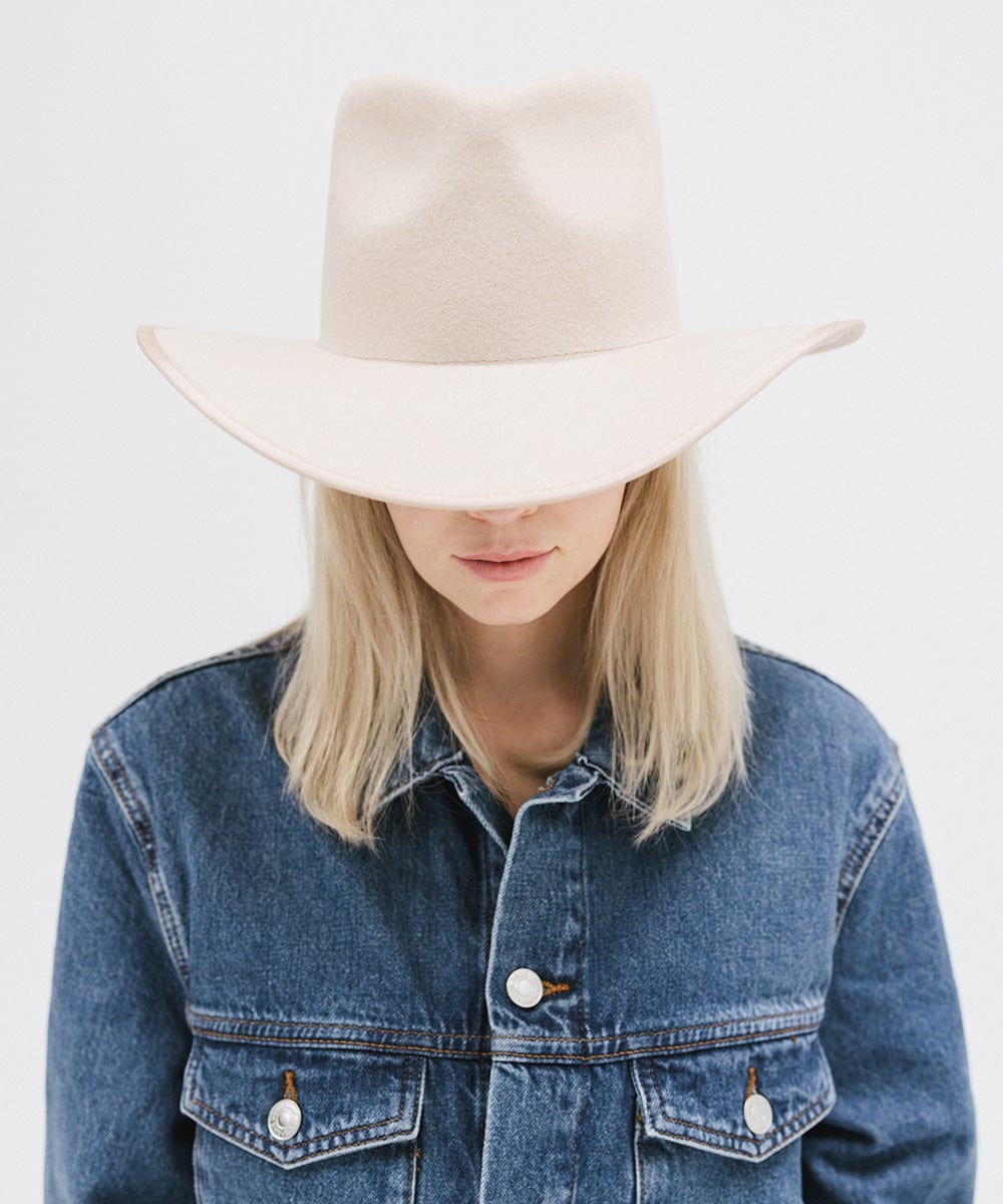 Gigi Pip felt hats for women - June Teardrop Rancher - 100% australian wool teardrop rancher with an angled western brim hat featuring a gold plated Gigi Pip branded pin on the back of the crown [cream]