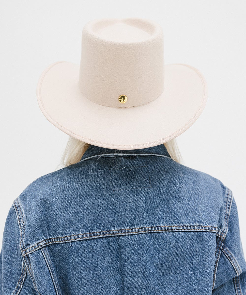 Gigi Pip felt hats for women - June Teardrop Rancher - 100% australian wool teardrop rancher with an angled western brim hat featuring a gold plated Gigi Pip branded pin on the back of the crown [cream]