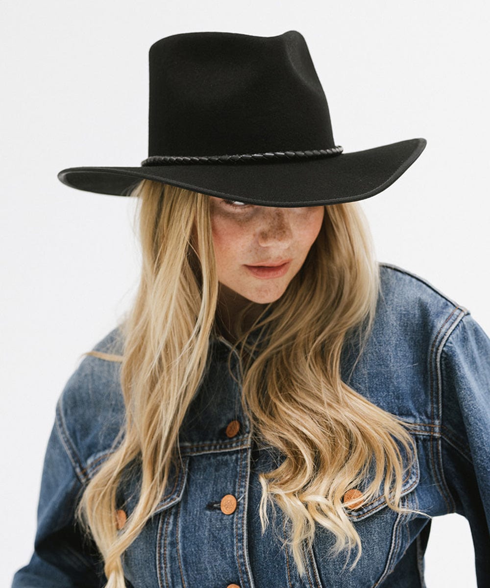 Gigi Pip felt hats for women - June Teardrop Rancher - 100% australian wool teardrop rancher with an angled western brim hat featuring a gold plated Gigi Pip branded pin on the back of the crown [black]