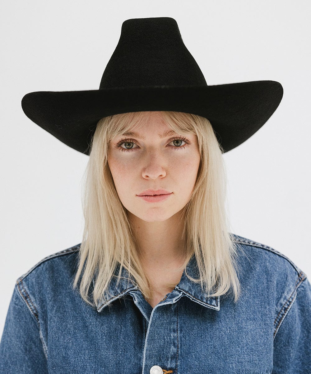 Gigi Pip felt hats for women - Lane Brick Top - 100% australian wool stiff traditional western Upturned Brim with a Brick Top Crown featuring a gold plated Gigi Pip branded pin on the back of the crown [black]