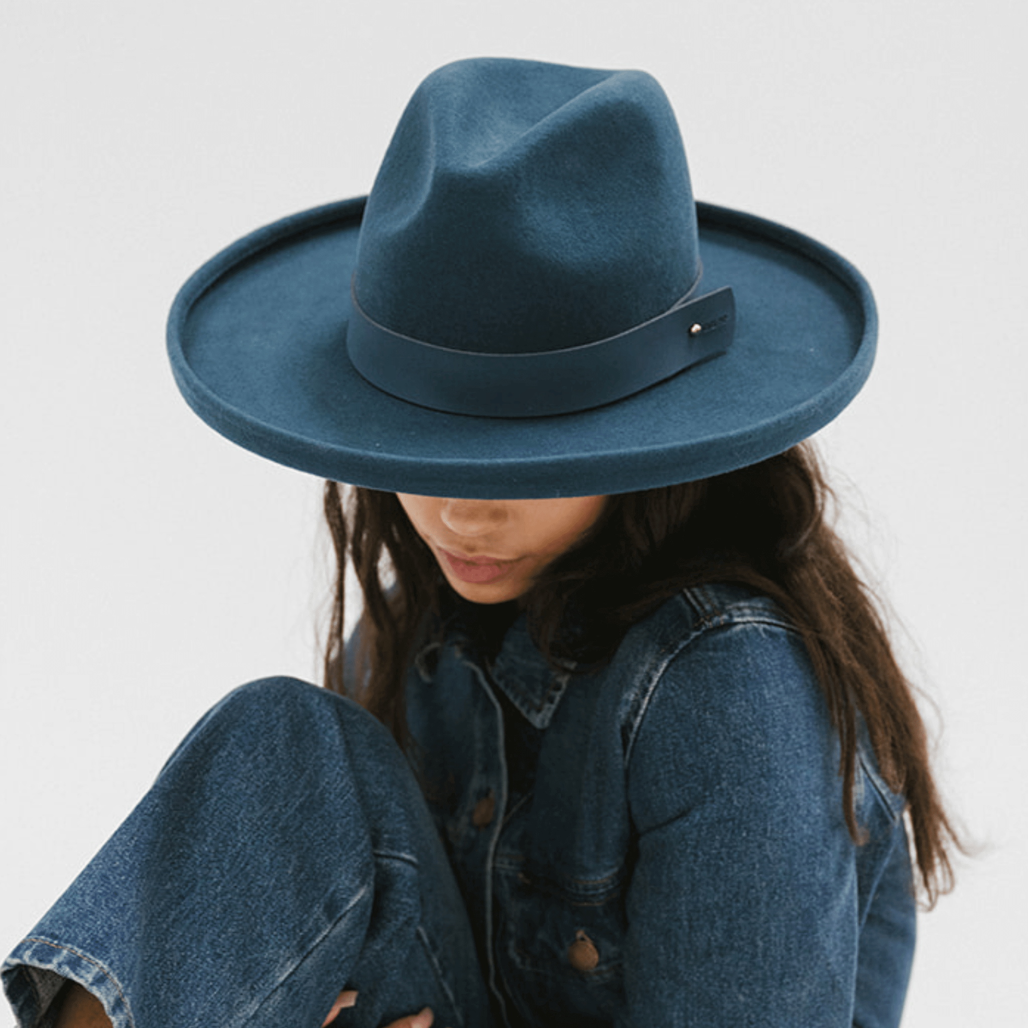 Gigi Pip limited edition hats for women - Maude Pencil Brim in Vintage Blue - curved crown with a stiff, wide brim with pencil rolled up edge + a limited edition trim featuring a wide leather band in a limited edition vintage blue [vintage-blue]