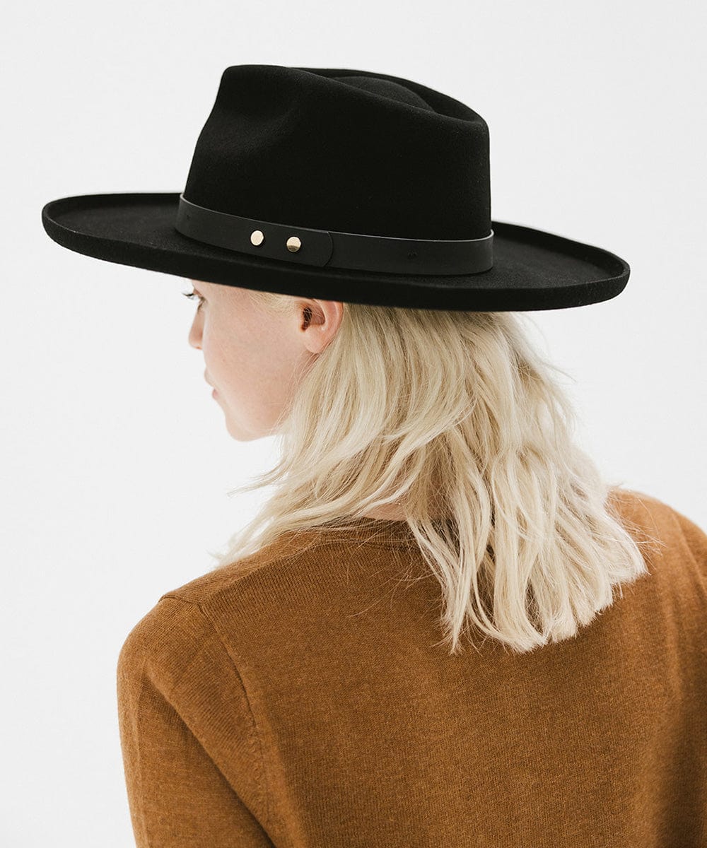 Gigi Pip felt hats for women - Luca Pencil Brim Teardrop Fedora - teardrop fedora crown with a pencil rolled brim, featuring an oiled genuine leather band and metal closure [black]