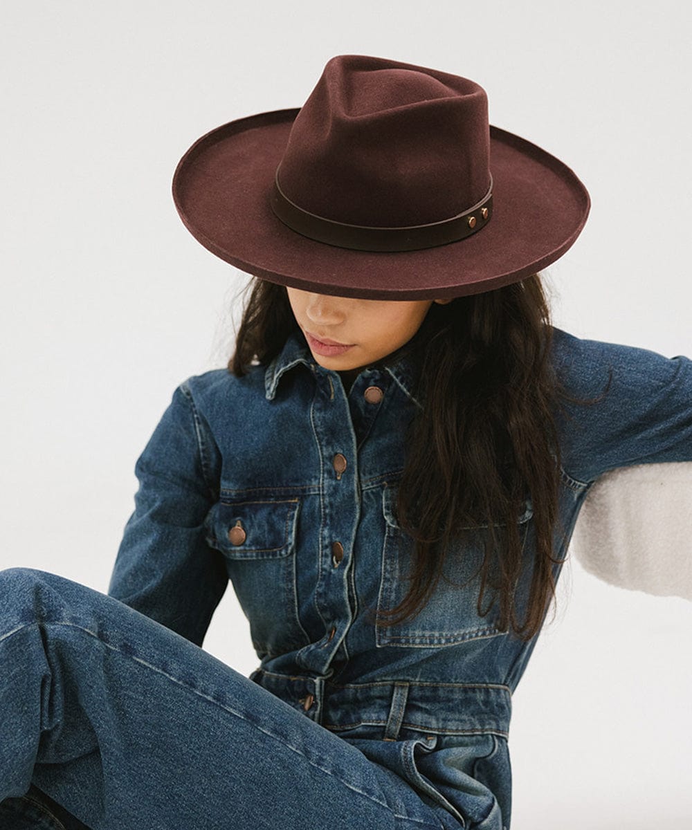 Gigi Pip felt hats for women - Luca Pencil Brim Teardrop Fedora - teardrop fedora crown with a pencil rolled brim, featuring an oiled genuine leather band and metal closure [dark cherry]