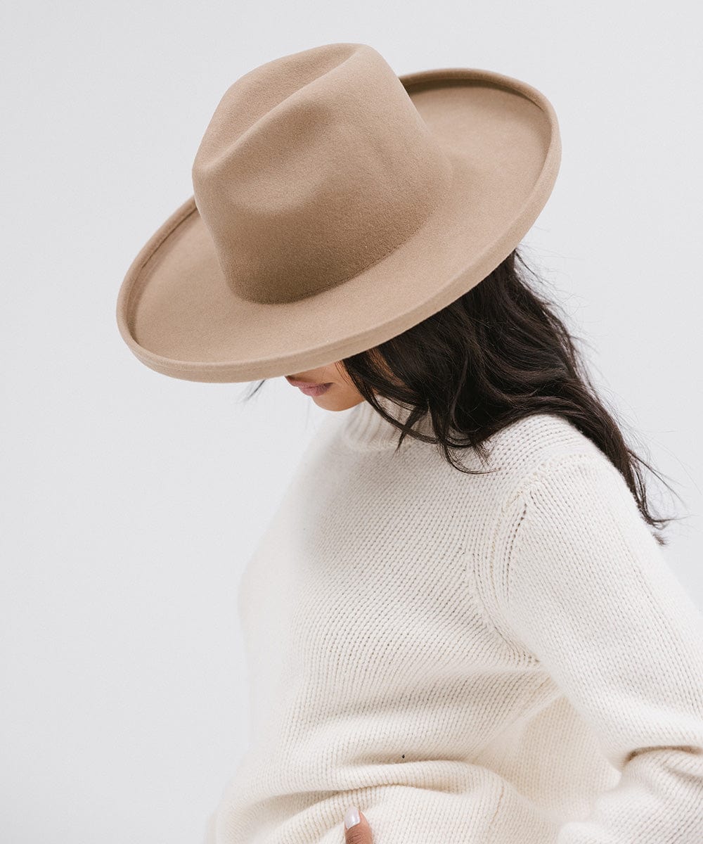 Gigi Pip felt hats for women - Maude Pencil Brim - curved crown with a stiff, wide brim with pencil rolled up edge [tan]