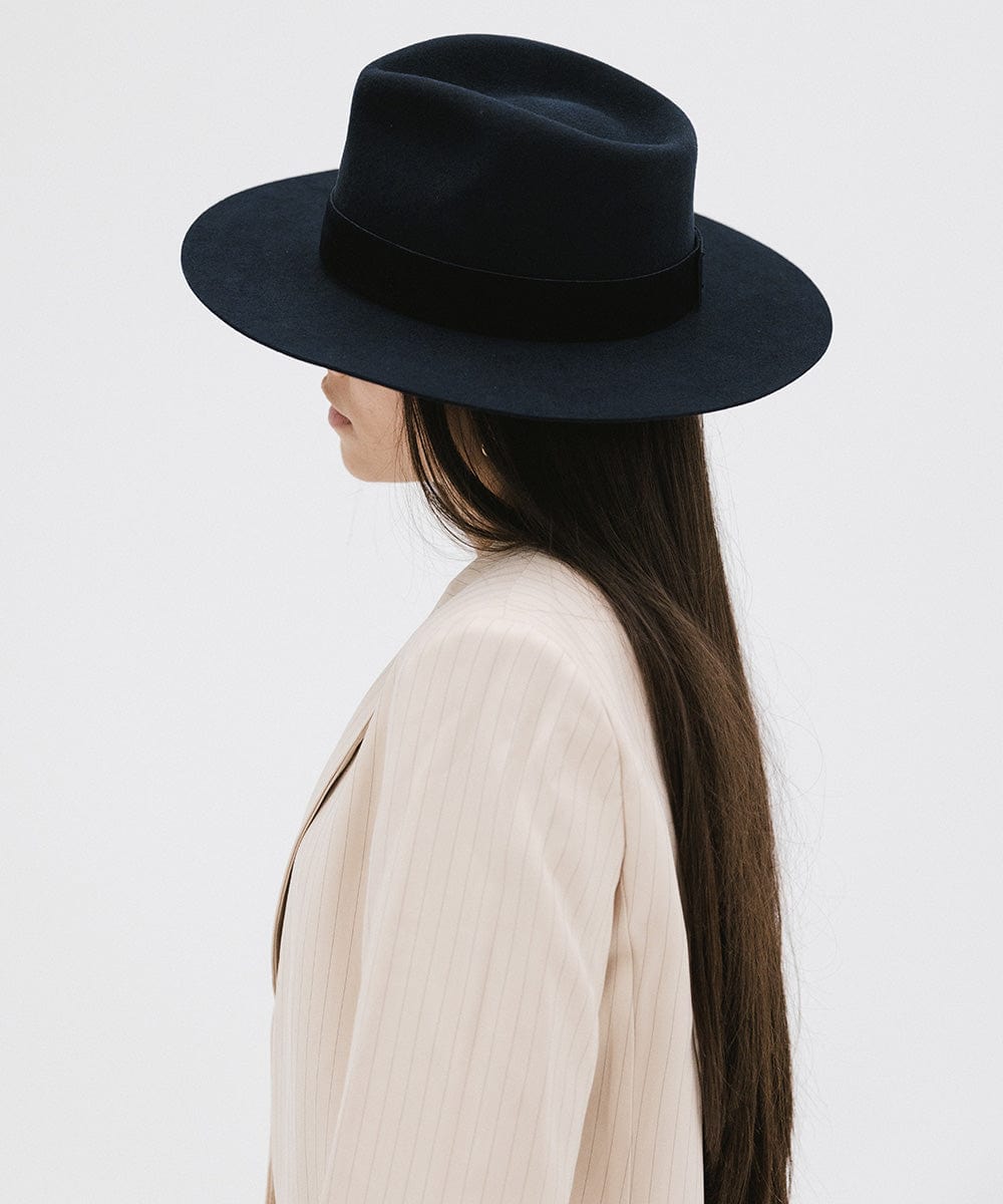 Gigi Pip felt hats for women - Miller Fedora - teardrop fedora with tall front crown and a structured flat brim [navy]