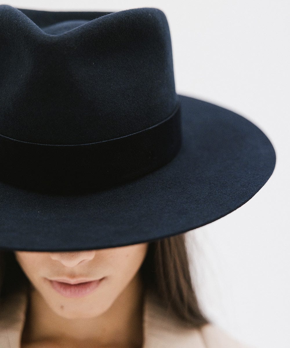 Gigi Pip felt hats for women - Miller Fedora - teardrop fedora with tall front crown and a structured flat brim [navy]