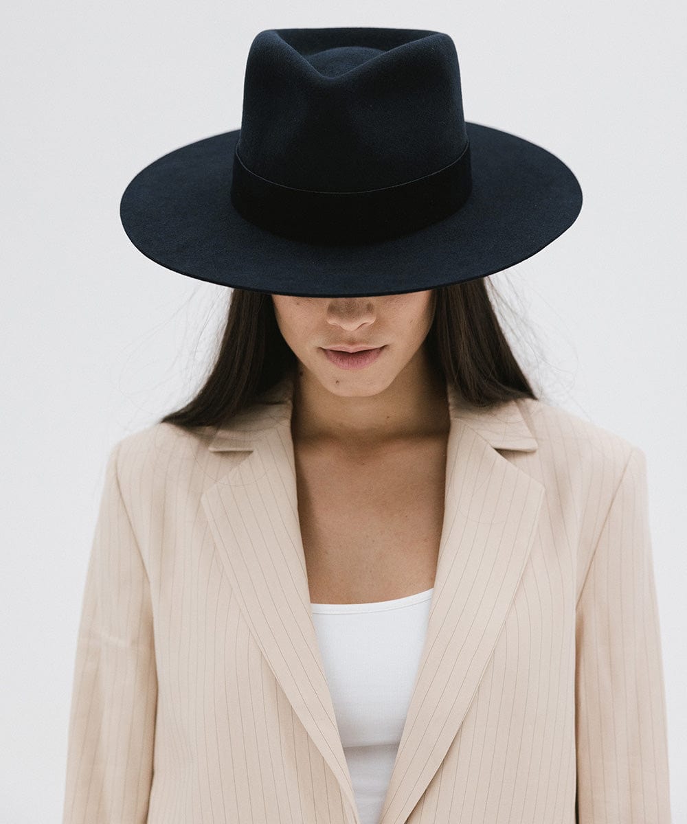 Gigi Pip felt hats for women - Miller Fedora - teardrop fedora with tall front crown and a structured flat brim [navy]