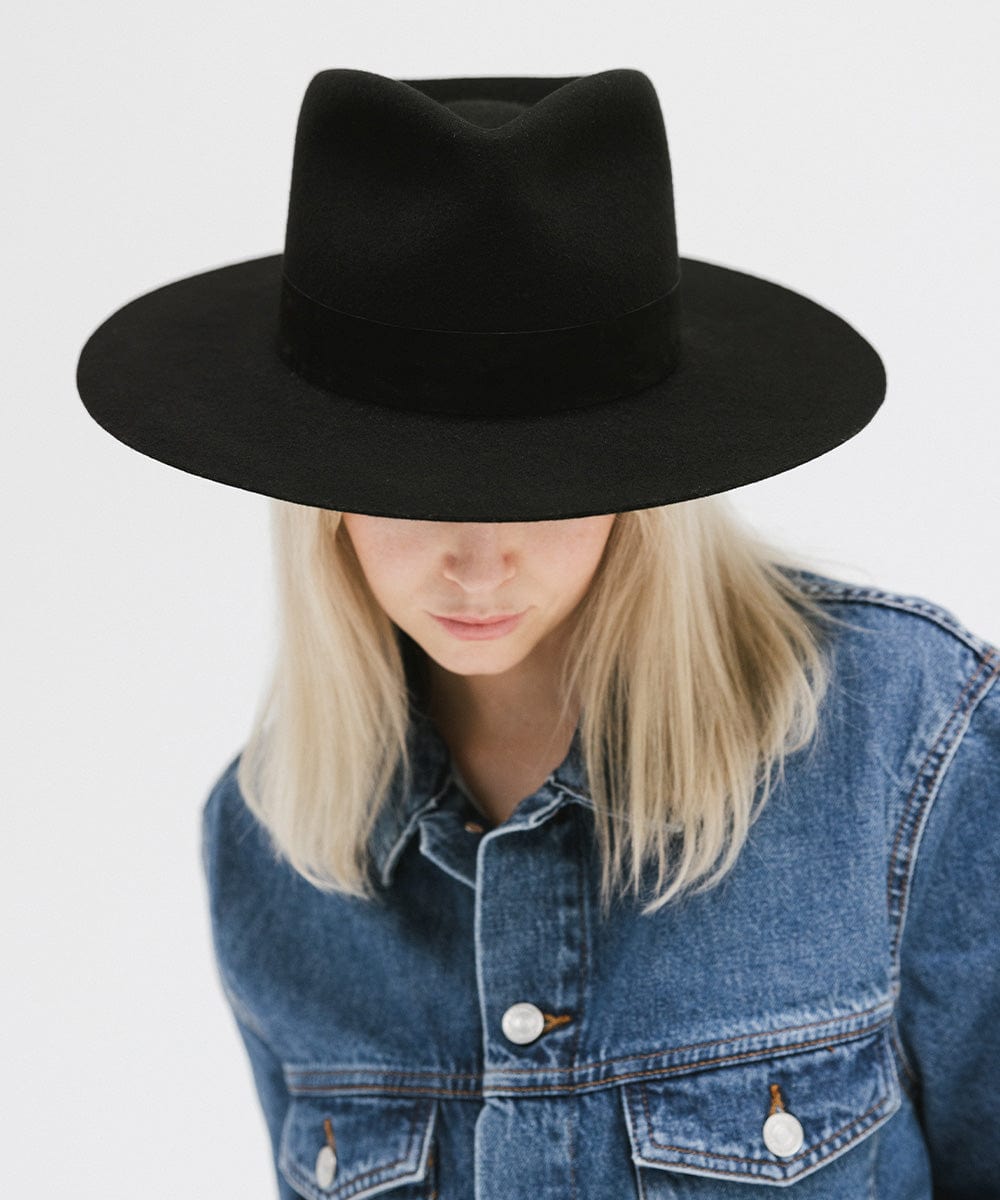 Gigi Pip felt hats for women - Miller Fedora - teardrop fedora with tall front crown and a structured flat brim [black]