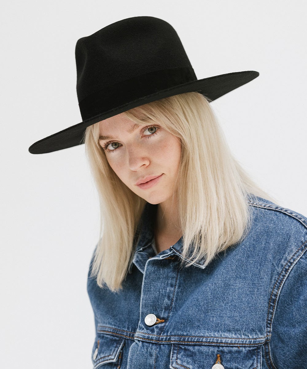 Gigi Pip felt hats for women - Miller Fedora - teardrop fedora with tall front crown and a structured flat brim [black]