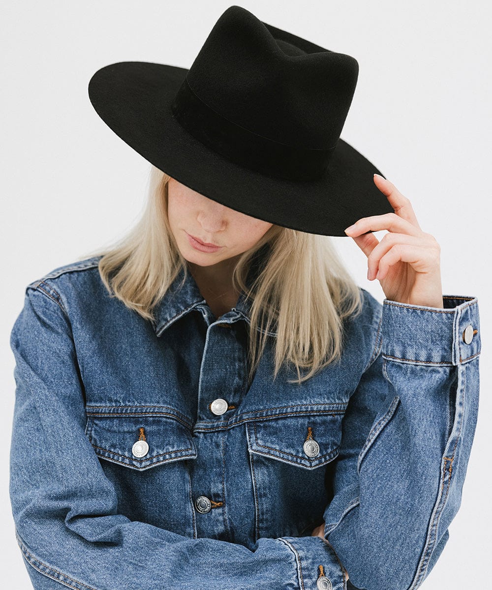 Gigi Pip felt hats for women - Miller Fedora - teardrop fedora with tall front crown and a structured flat brim [black]