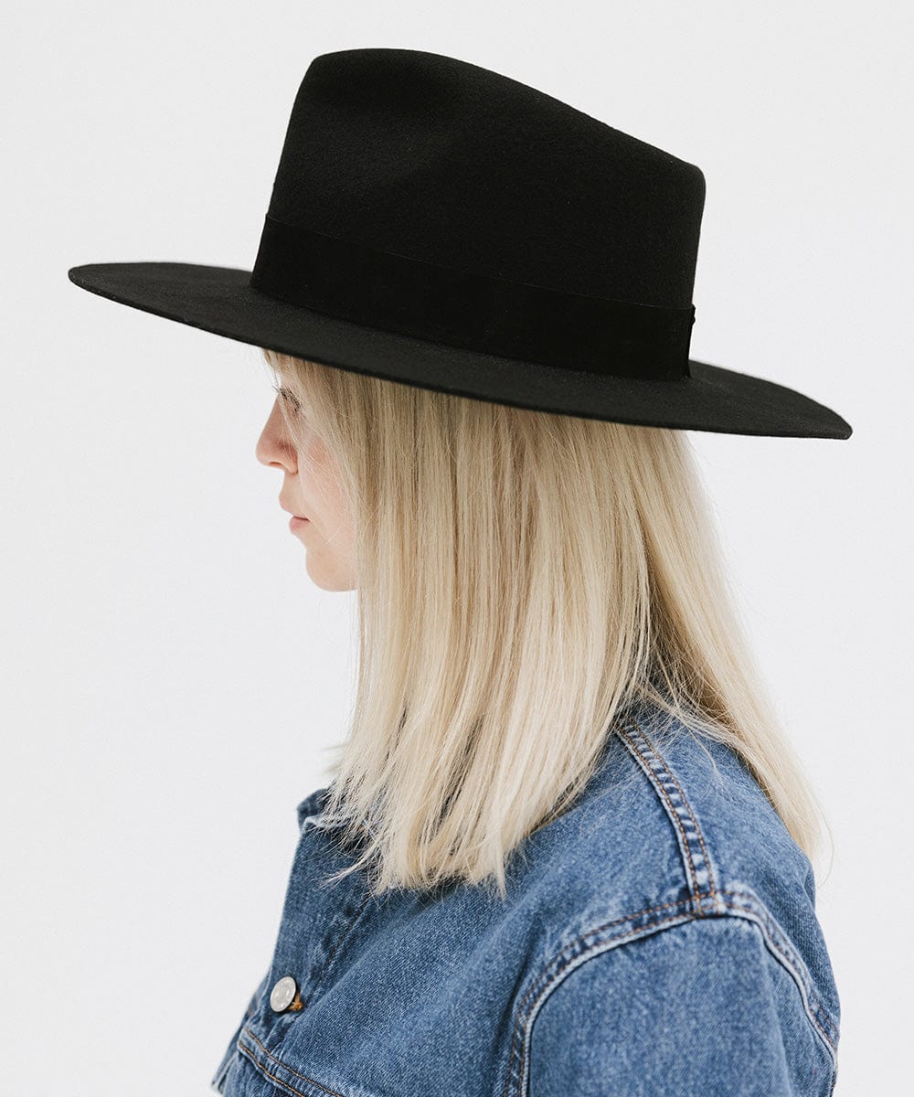 Gigi Pip felt hats for women - Miller Fedora - teardrop fedora with tall front crown and a structured flat brim [black]