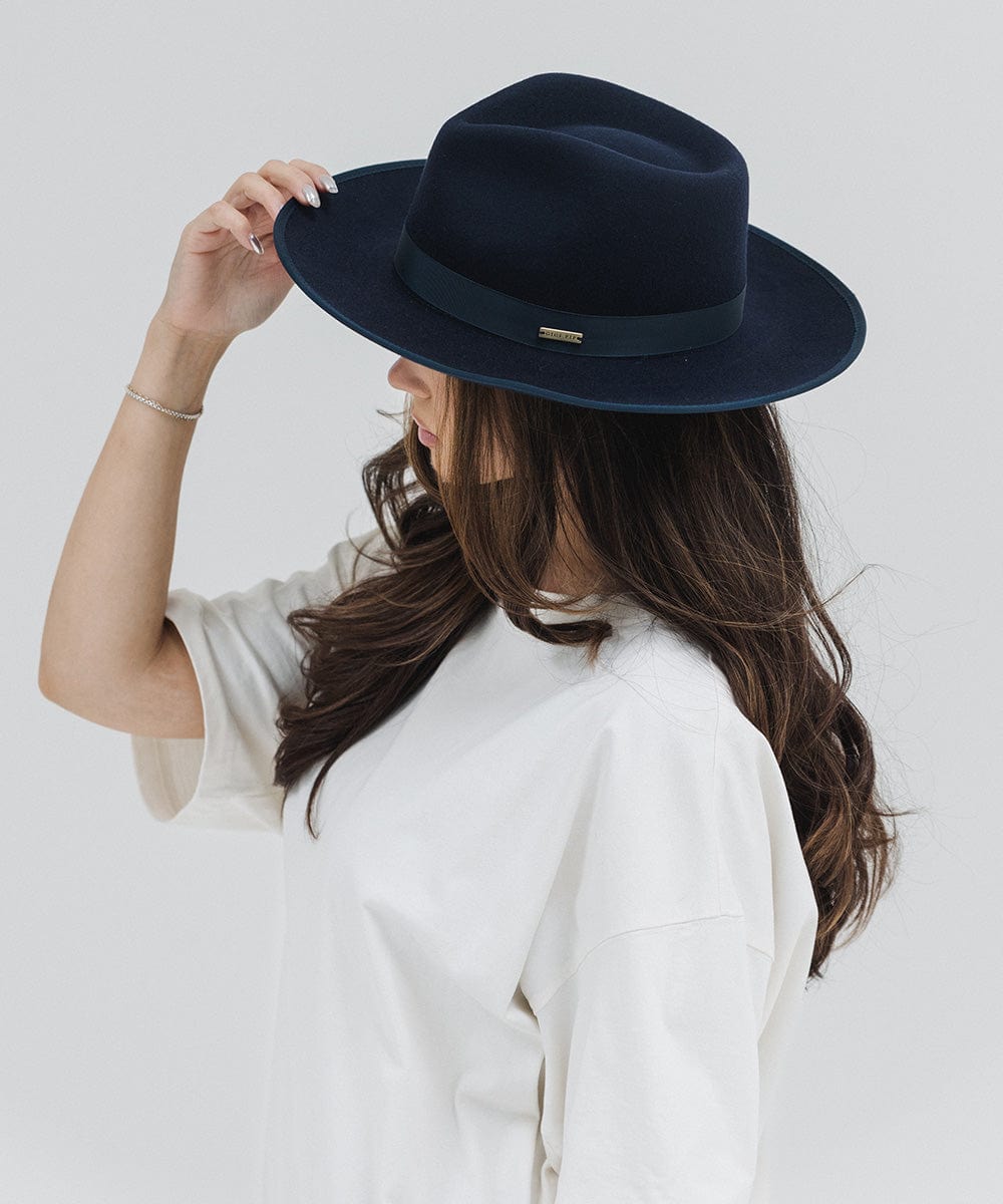 Gigi Pip felt hats for women - Monroe Rancher - fedora teardrop crown with stiff, upturned brim adorned with a tonal grosgrain band on the crown and brim [navy]