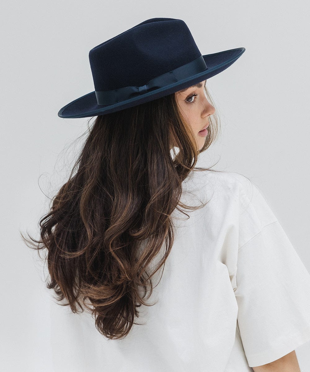 Gigi Pip felt hats for women - Monroe Rancher - fedora teardrop crown with stiff, upturned brim adorned with a tonal grosgrain band on the crown and brim [navy]