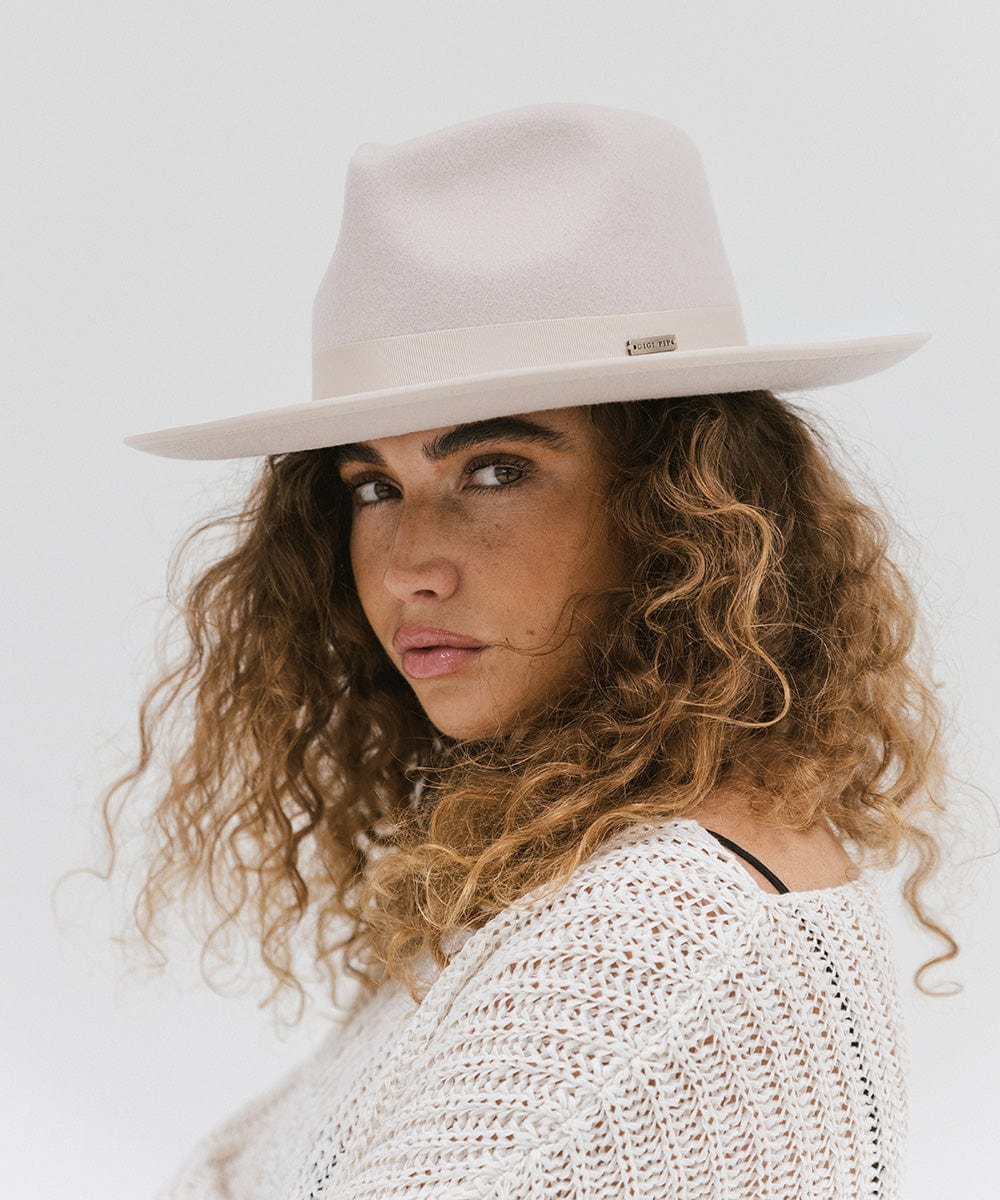 Gigi Pip felt hats for women - Monroe Rancher - fedora teardrop crown with stiff, upturned brim adorned with a tonal grosgrain band on the crown and brim [ivory]