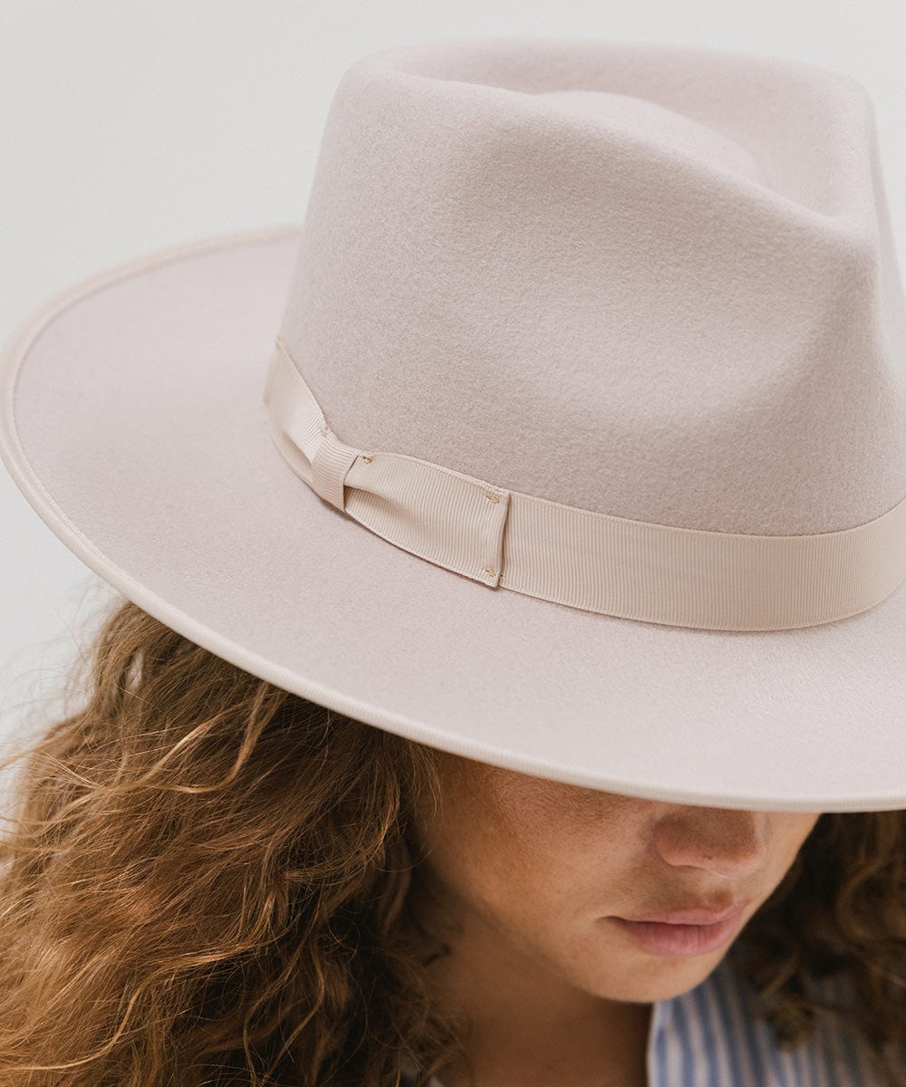 Gigi Pip felt hats for women - Monroe Rancher - fedora teardrop crown with stiff, upturned brim adorned with a tonal grosgrain band on the crown and brim [ivory]