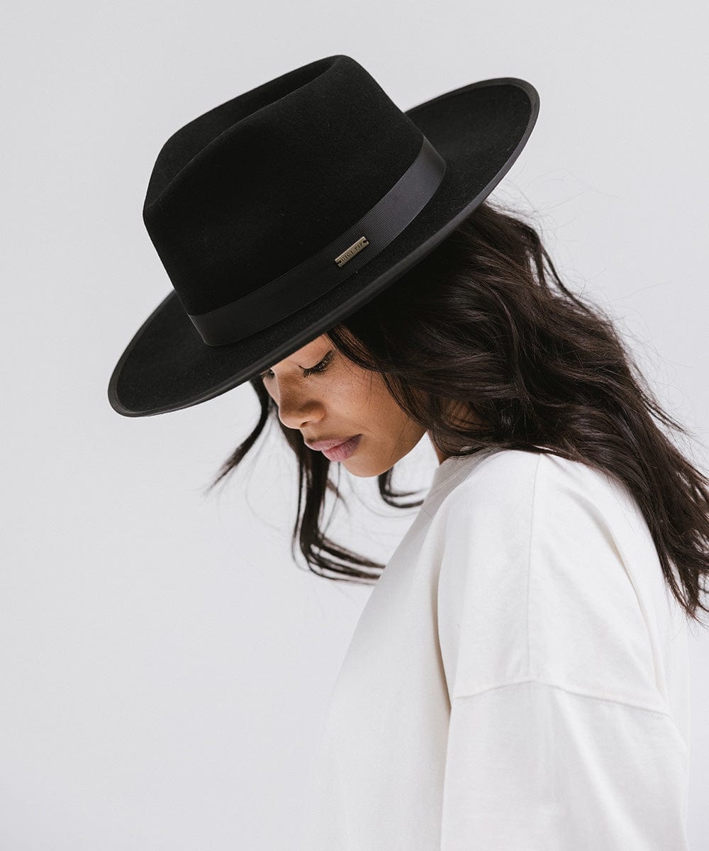 Gigi Pip felt hats for women - Monroe Rancher - fedora teardrop crown with stiff, upturned brim adorned with a tonal grosgrain band on the crown and brim [black]