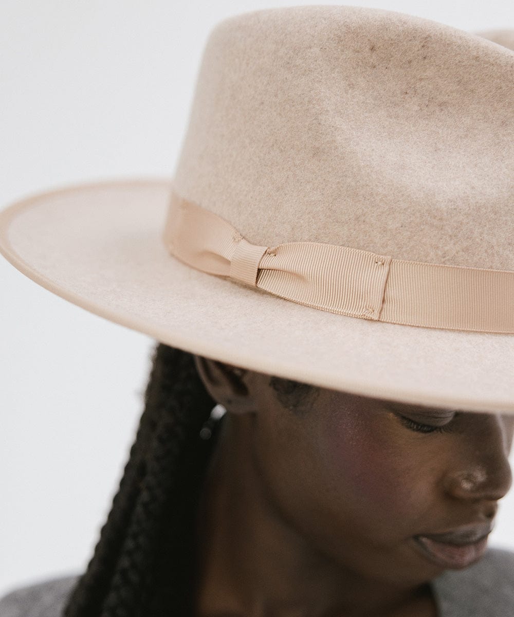 Gigi Pip felt hats for women - Monroe Rancher - fedora teardrop crown with stiff, upturned brim adorned with a tonal grosgrain band on the crown and brim [oatmeal]