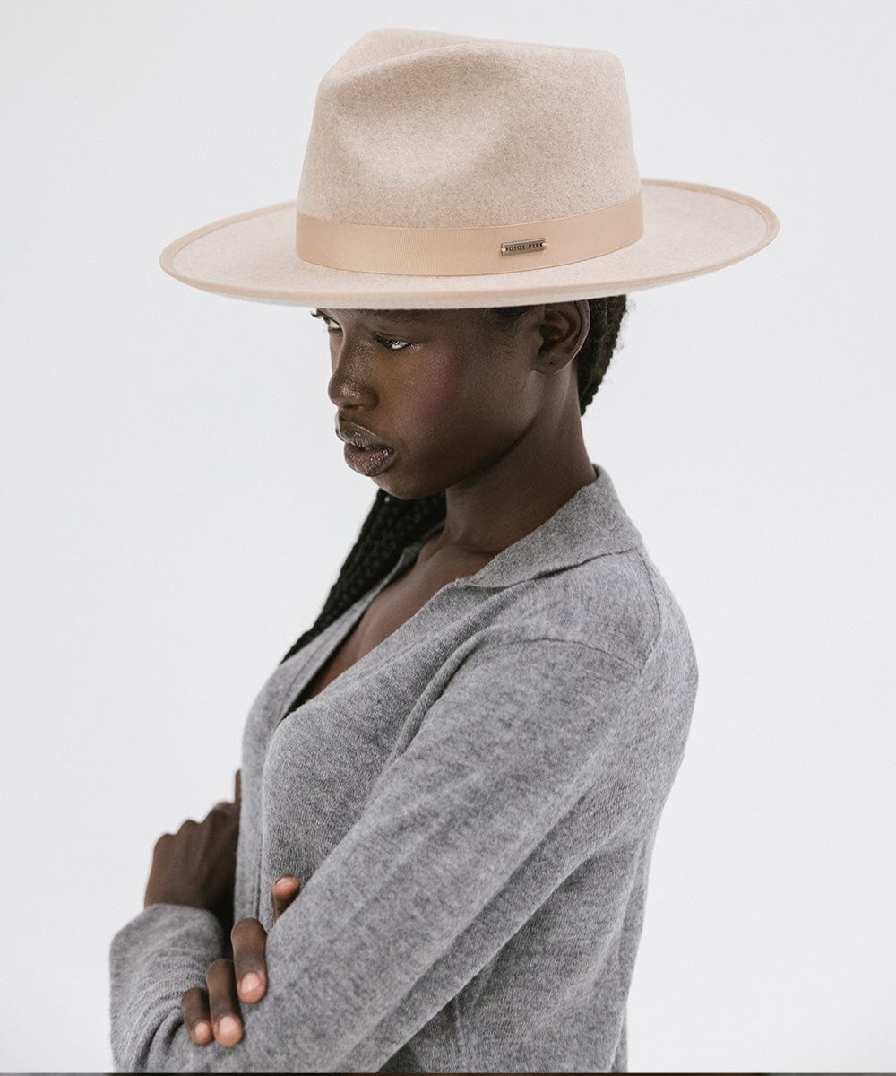 Gigi Pip felt hats for women - Monroe Rancher - fedora teardrop crown with stiff, upturned brim adorned with a tonal grosgrain band on the crown and brim [oatmeal]