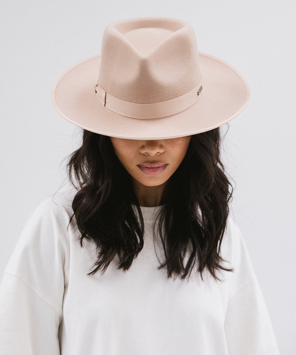 Gigi Pip felt hats for women - Monroe Rancher - fedora teardrop crown with stiff, upturned brim adorned with a tonal grosgrain band on the crown and brim [nude]