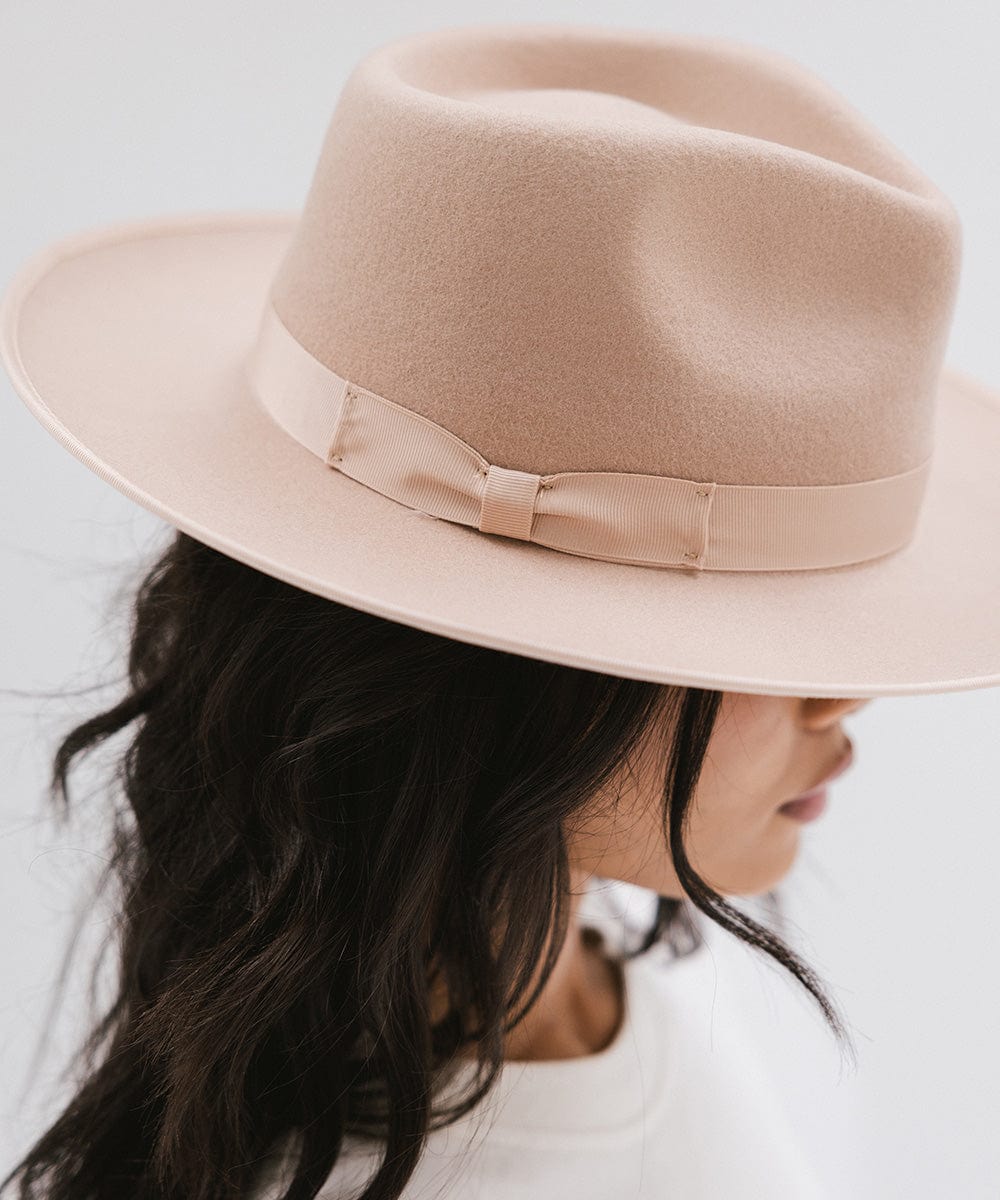 Gigi Pip felt hats for women - Monroe Rancher - fedora teardrop crown with stiff, upturned brim adorned with a tonal grosgrain band on the crown and brim [nude]