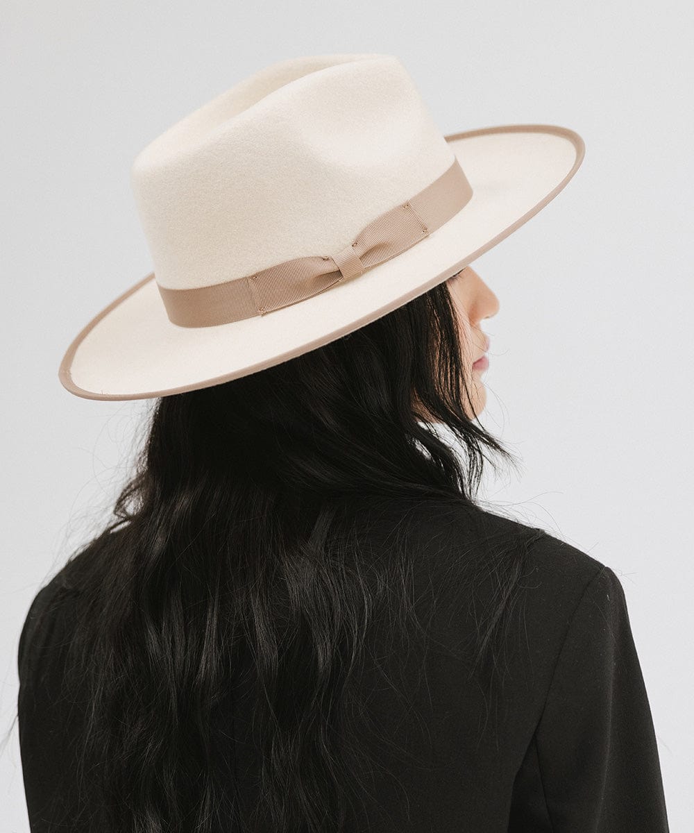 Gigi Pip felt hats for women - Monroe Rancher - fedora teardrop crown with stiff, upturned brim adorned with a tonal grosgrain band on the crown and brim [white-taupe]