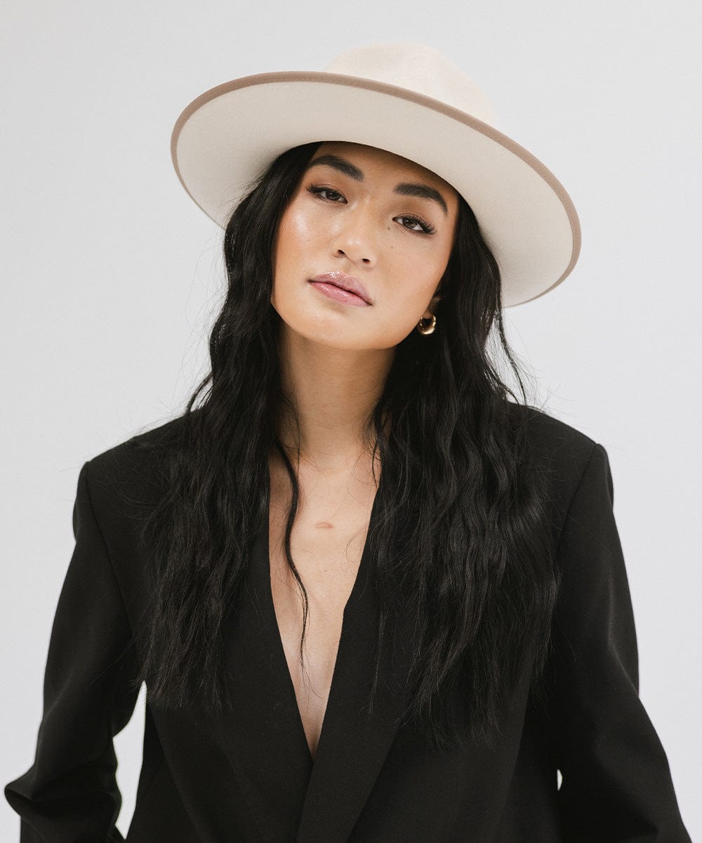 Gigi Pip felt hats for women - Monroe Rancher - fedora teardrop crown with stiff, upturned brim adorned with a tonal grosgrain band on the crown and brim [white-taupe]