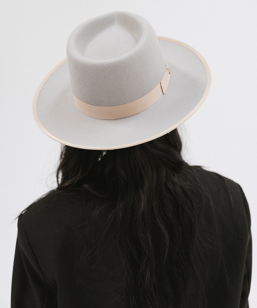 Gigi Pip felt hats for women - Monroe Rancher - fedora teardrop crown with stiff, upturned brim adorned with a tonal grosgrain band on the crown and brim [light grey-tan]