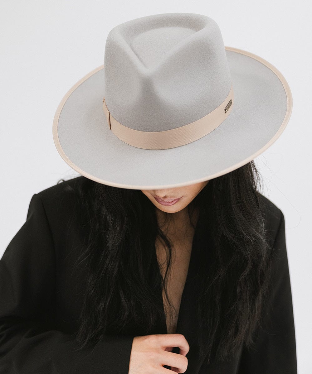 Gigi Pip felt hats for women - Monroe Rancher - fedora teardrop crown with stiff, upturned brim adorned with a tonal grosgrain band on the crown and brim [light grey-tan]