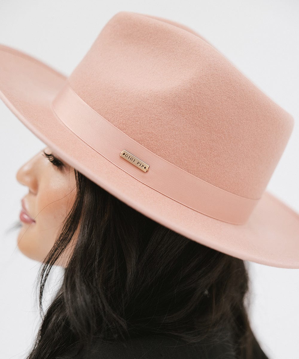 Gigi Pip felt hats for women - Monroe Rancher - fedora teardrop crown with stiff, upturned brim adorned with a tonal grosgrain band on the crown and brim [dusty pink]