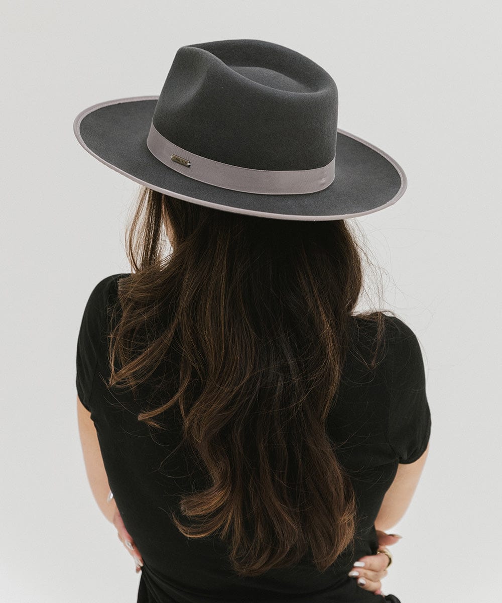 Gigi Pip felt hats for women - Monroe Rancher - fedora teardrop crown with stiff, upturned brim adorned with a tonal grosgrain band on the crown and brim [dark grey]