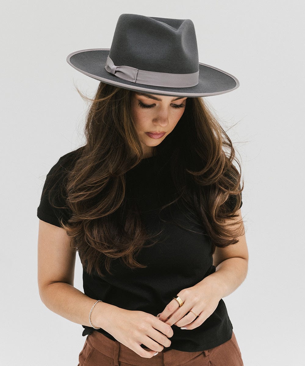 Gigi Pip felt hats for women - Monroe Rancher - fedora teardrop crown with stiff, upturned brim adorned with a tonal grosgrain band on the crown and brim [dark grey]