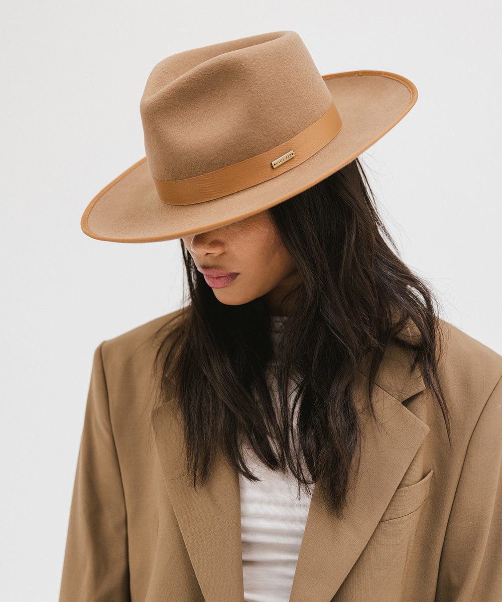 Gigi Pip felt hats for women - Monroe Rancher - fedora teardrop crown with stiff, upturned brim adorned with a tonal grosgrain band on the crown and brim [brown]