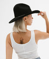 Gigi Pip felt hats for women - Rendon Gus Crown - 100% bolivian wool classic western shape with a Gus crown + a curved roll brim featuring a gold plated Gigi Pip pin on the back of the crown [black]