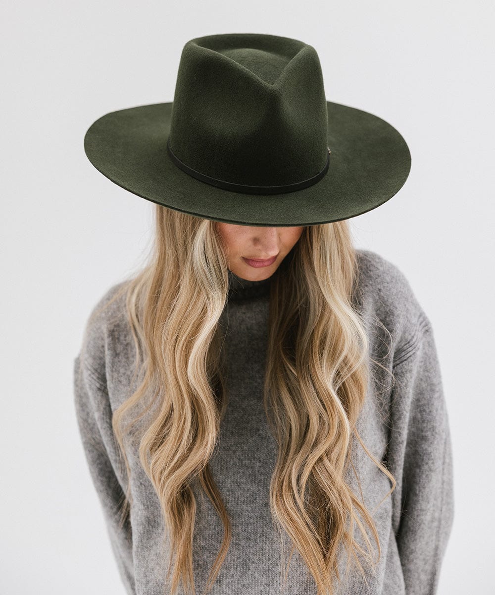 Gigi Pip felt hats for women - Rowan Fedora - 100% australian wool pinched fedora crown with a stiff wide flat brim featuring a grosgrain band with Gigi Pip branded [dark green]