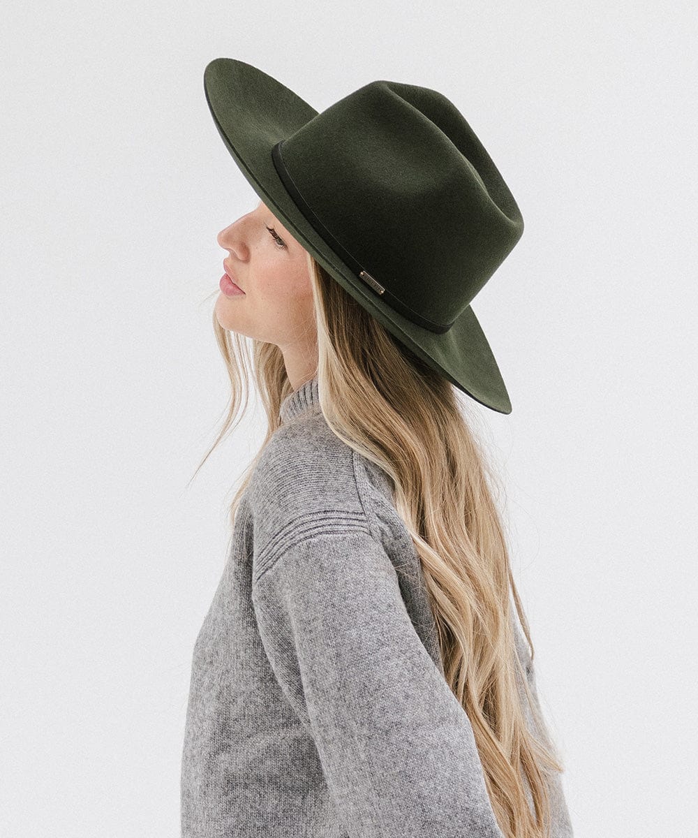 Gigi Pip felt hats for women - Rowan Fedora - 100% australian wool pinched fedora crown with a stiff wide flat brim featuring a grosgrain band with Gigi Pip branded [dark green]