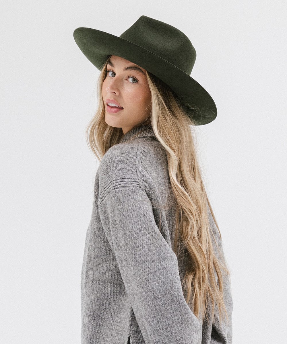 Gigi Pip felt hats for women - Rowan Fedora - 100% australian wool pinched fedora crown with a stiff wide flat brim featuring a grosgrain band with Gigi Pip branded [dark green]