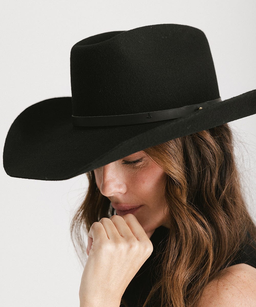 Shane Brick Top Western Hat For Women - Gigi Pip Women's Felt Hats - tall classic brick top western cowboy hat featuring an attached tonal buckle band [black]