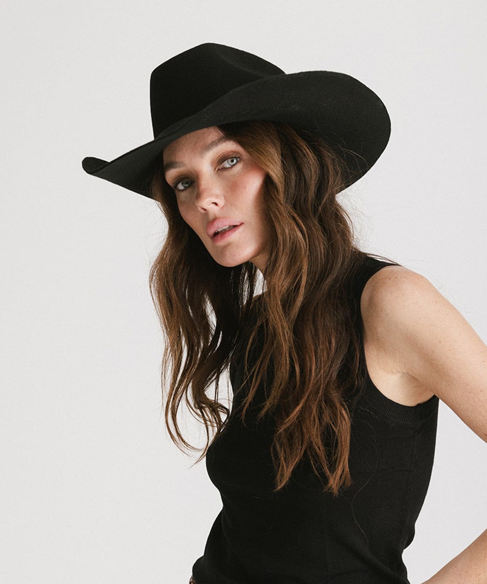 Shane Brick Top Western Hat For Women - Gigi Pip Women's Felt Hats - tall classic brick top western cowboy hat featuring an attached tonal buckle band [black]