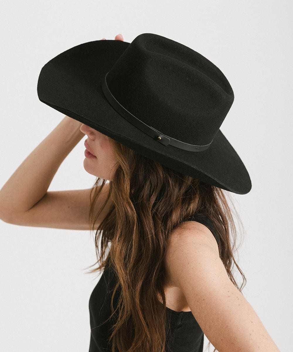 Shane Brick Top Western Hat For Women - Gigi Pip Women's Felt Hats - tall classic brick top western cowboy hat featuring an attached tonal buckle band [black]