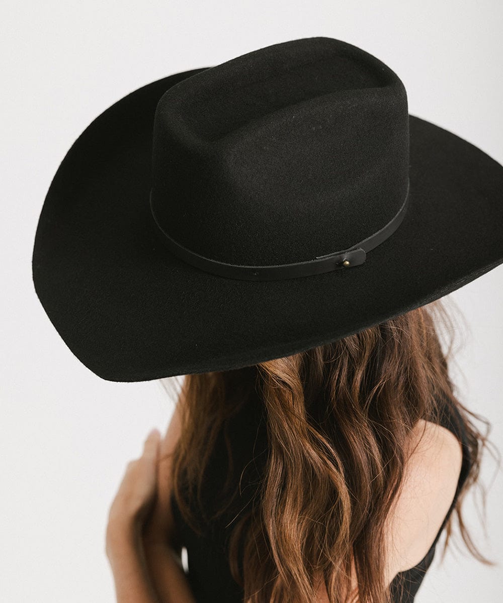 Shane Brick Top Western Hat For Women - Gigi Pip Women's Felt Hats - tall classic brick top western cowboy hat featuring an attached tonal buckle band [black]