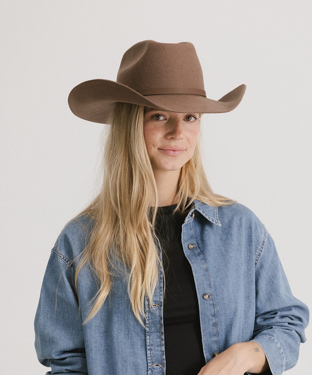 Shane Brick Top Western Hat For Women - Gigi Pip Women's Felt Hats - tall classic brick top western cowboy hat featuring an attached tonal buckle band [chocolate]