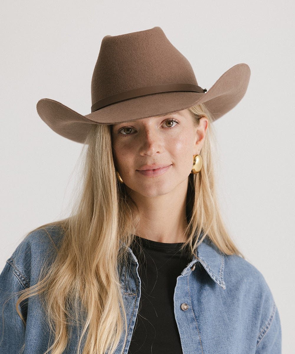 Shane Brick Top Western Hat For Women - Gigi Pip Women's Felt Hats - tall classic brick top western cowboy hat featuring an attached tonal buckle band [chocolate]