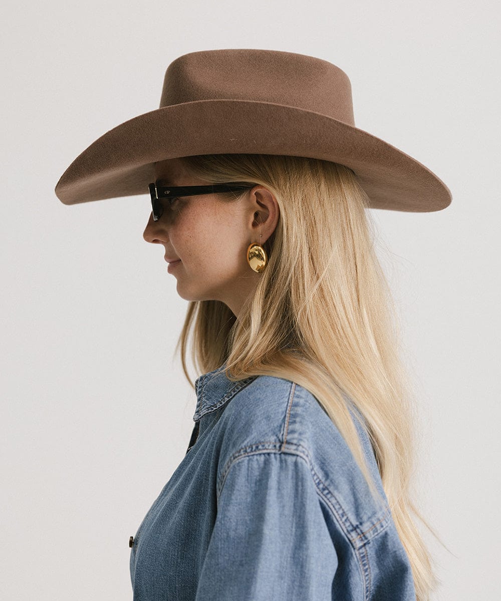 Shane Brick Top Western Hat For Women - Gigi Pip Women's Felt Hats - tall classic brick top western cowboy hat featuring an attached tonal buckle band [chocolate]