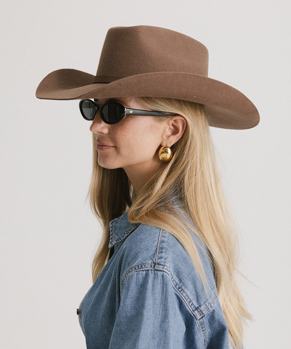 Shane Brick Top Western Hat For Women - Gigi Pip Women's Felt Hats - tall classic brick top western cowboy hat featuring an attached tonal buckle band [chocolate]