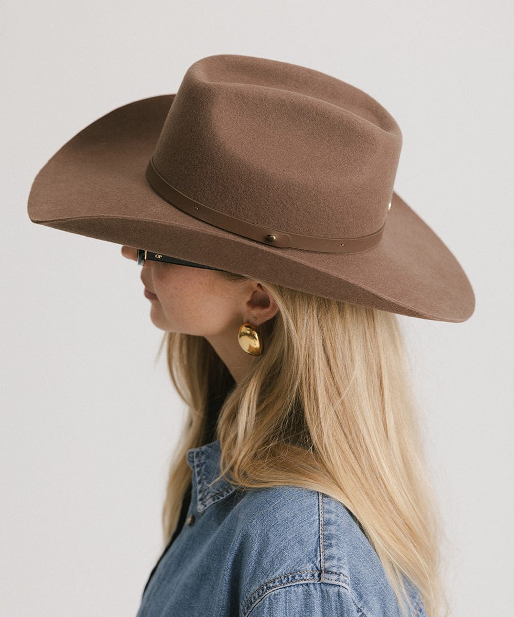 Shane Brick Top Western Hat For Women - Gigi Pip Women's Felt Hats - tall classic brick top western cowboy hat featuring an attached tonal buckle band [chocolate]